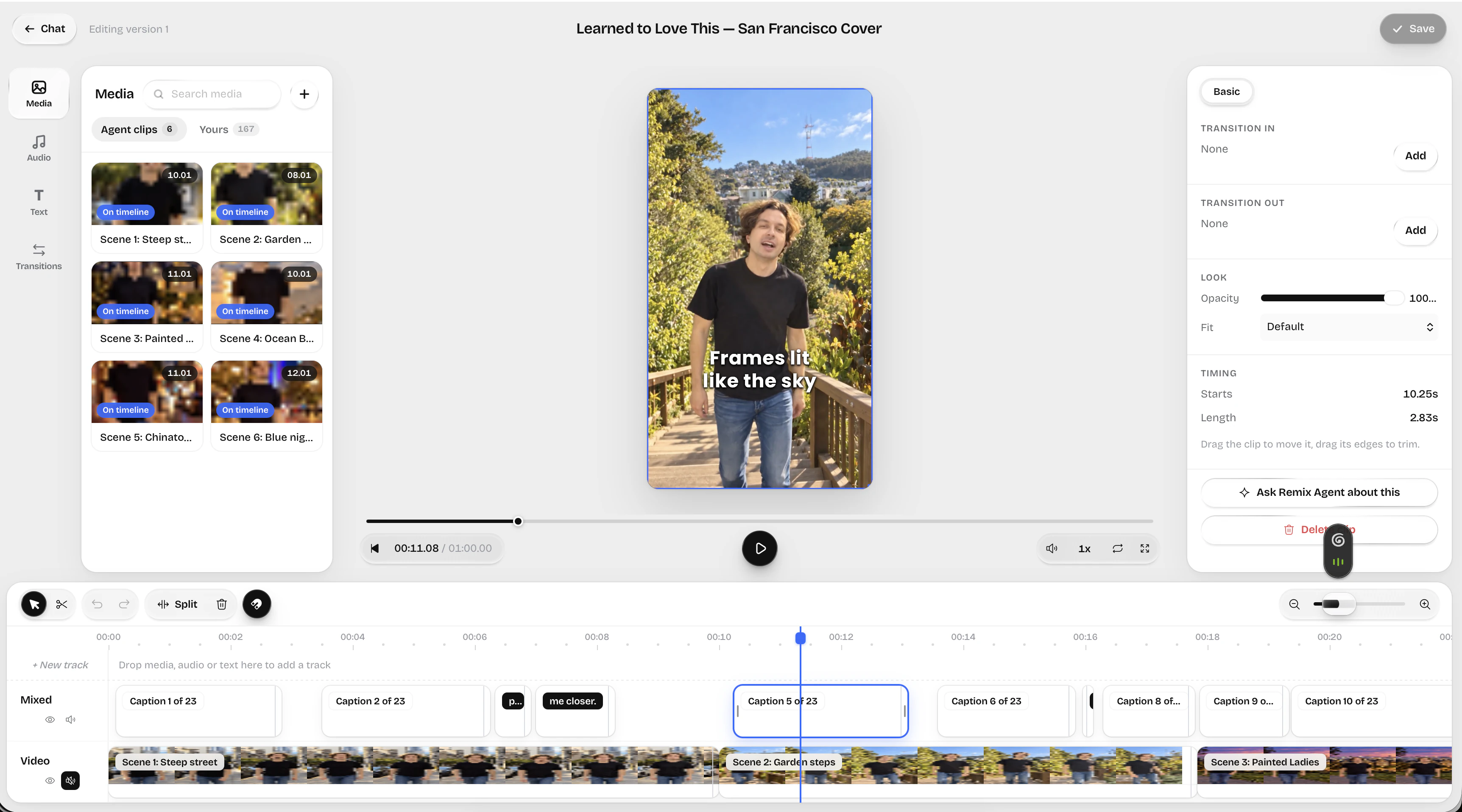 Remix video editor with a video preview, layered timeline, and editing tools