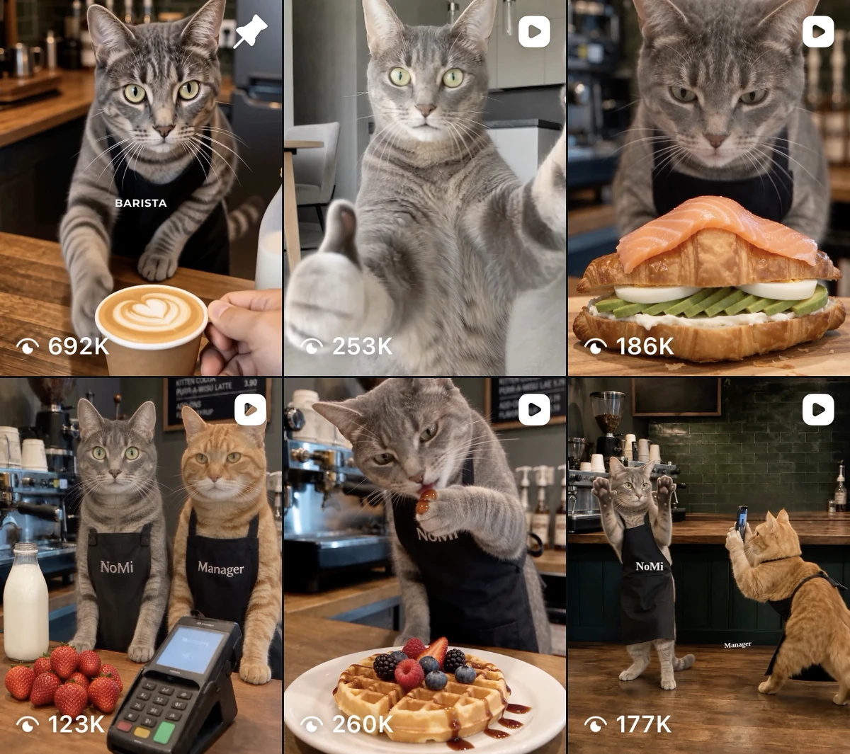 Six Instagram posts from my.nomi.cat showing cat characters making coffee, serving food, and working together in a café