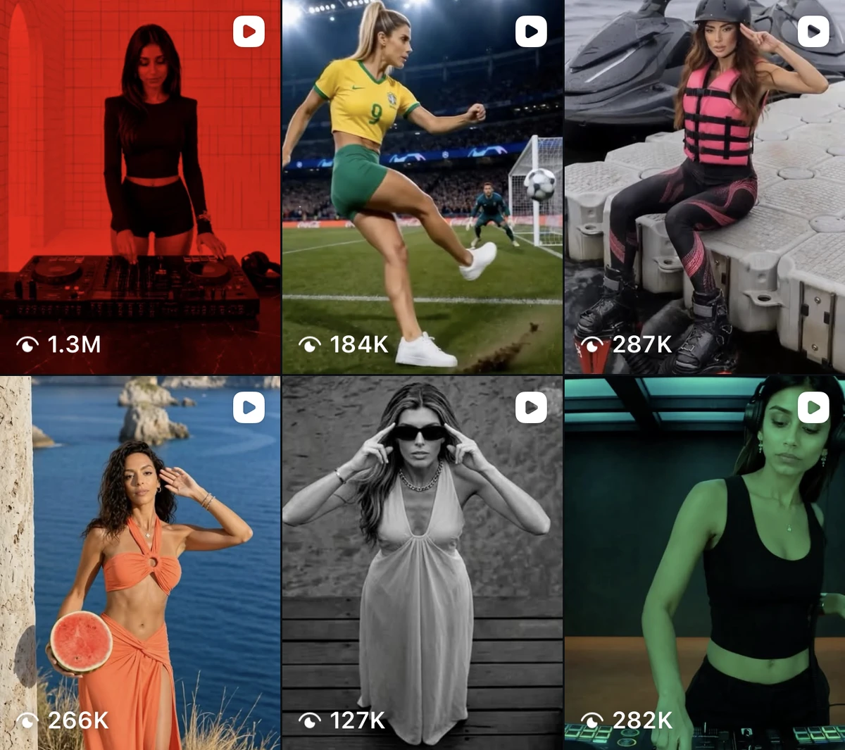 Six Instagram posts from remixanytrend showing two DJ scenes, football, jet skiing, and two fashion scenes