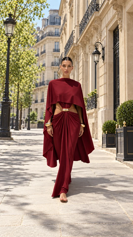 The same creator in burgundy on a city street