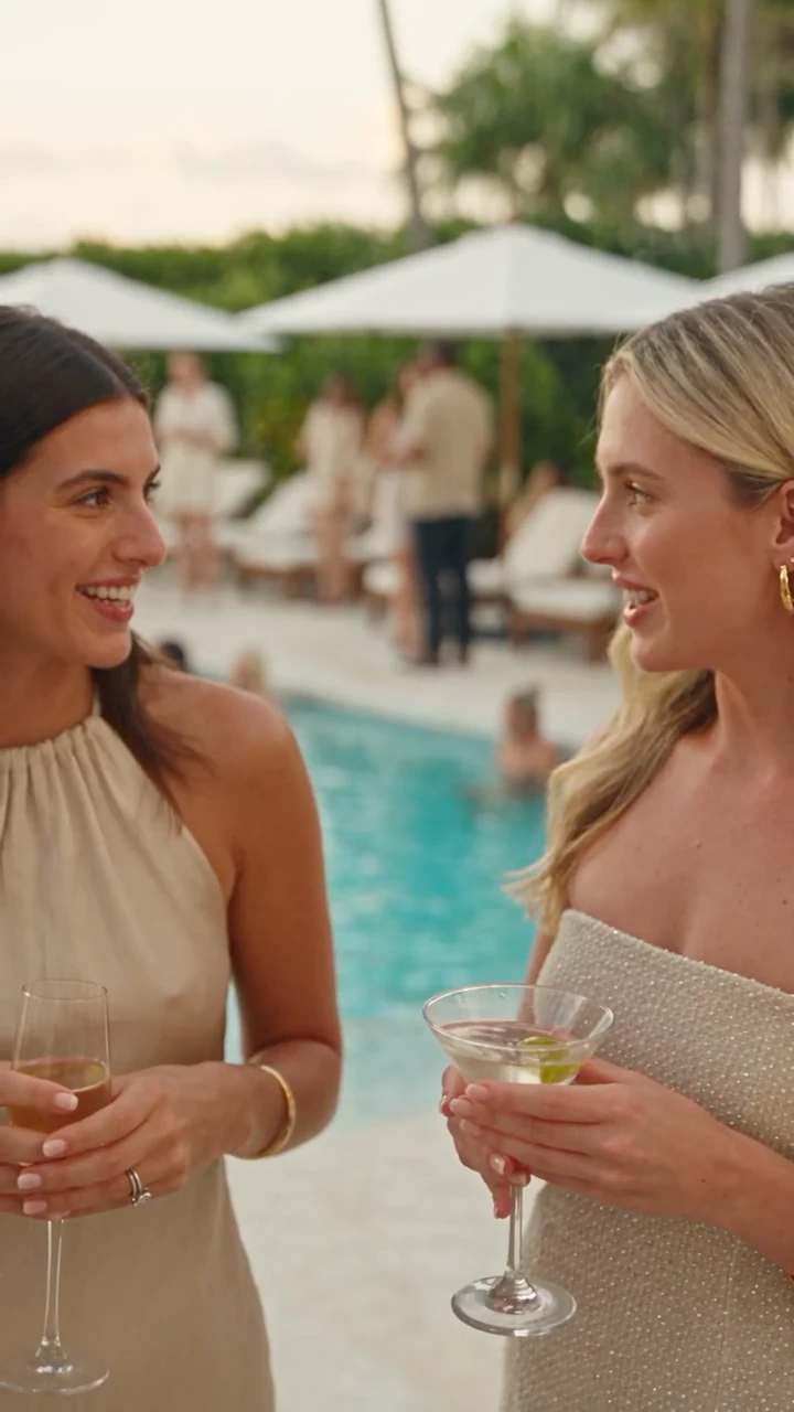 Two guests chatting beside a pool at a Miami party